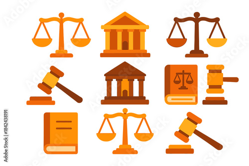 Legal symbols representing justice and law in various forms and colors showcasing a balanced judicial system