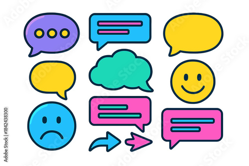 Colorful speech bubbles and emoticons representing communication in various moods and messages