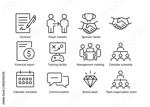 Esports Management Icons. Esports Management. Line icon set of E