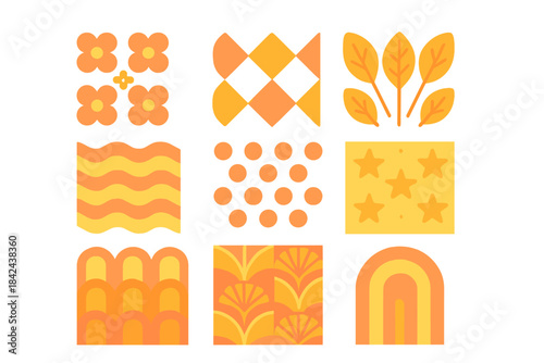 Colorful patterns featuring orange shapes with a variety of designs and textures suitable for backgrounds or art projects