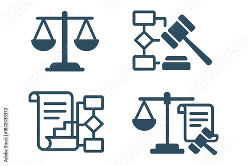 Symbols of justice and law illustrating various legal processes and concepts in a clean design suitable for educational use