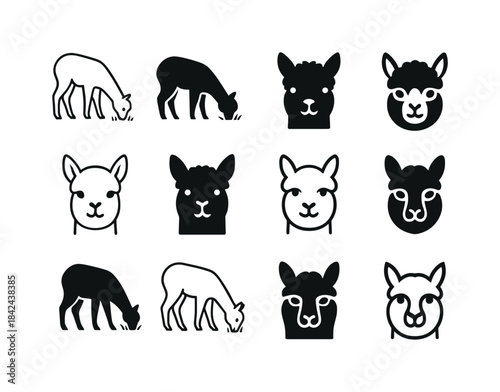 Alpaca Logo Variations. Alpacas grazing. Icon set. Set Logo of a