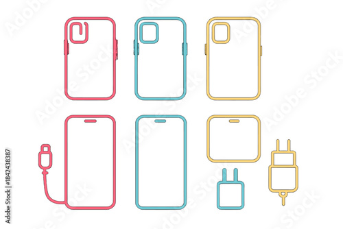 Design examples of phone cases and chargers with vibrant colors displayed on a light background