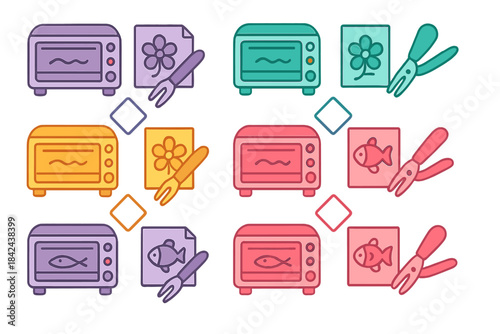 Colorful kitchen items arranged in a grid showing toasters, scissors, and patterned paper with flowers and fish designs