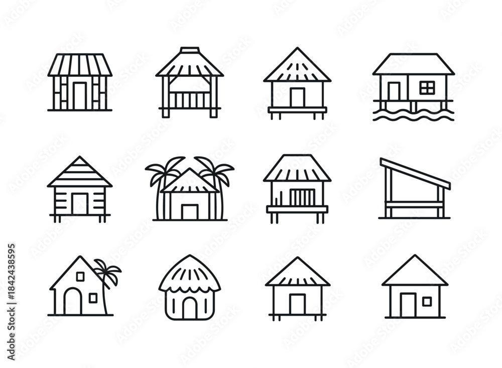 Fototapeta premium Island Hut Icons. Island Huts. Line icon set of Island Huts: bam