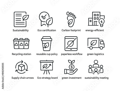 Green Business Icons. Green business practices. Line icon set of
