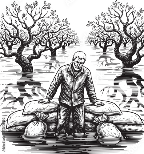 Engraved Illustration of a Man Protecting His Land from Rising W