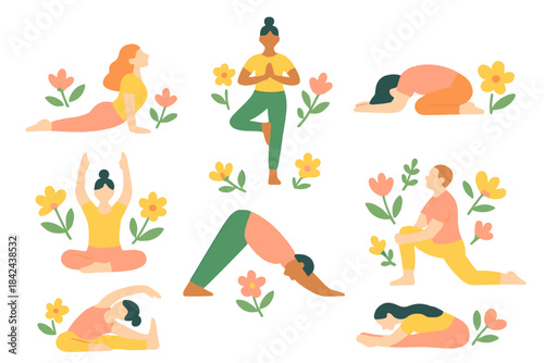 Yoga poses displayed in a colorful illustration surrounded by flowers with vibrant colors capturing calmness and balance
