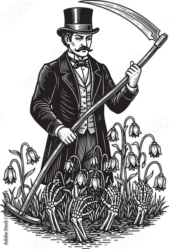 Engraved Gentleman Reaper in a Floral Graveyard Etching with Gri