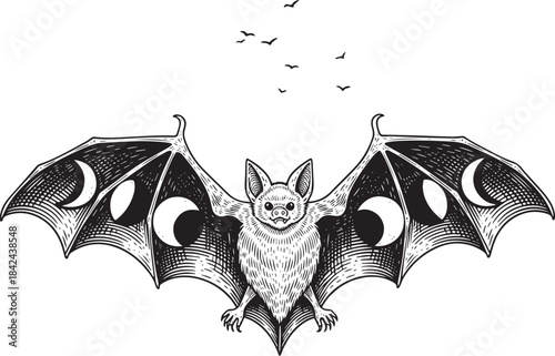Engraved Bat with Moon Phases on Wings Illustration in Black and