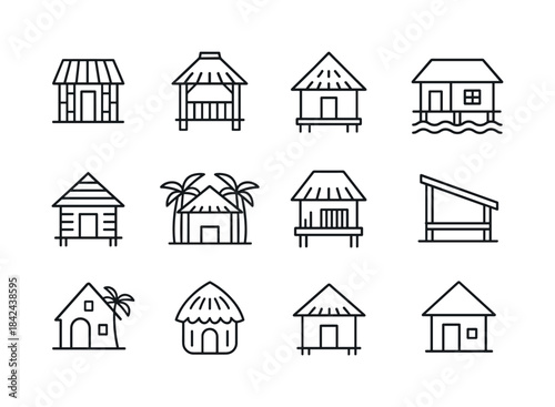 Island Hut Icons. Island Huts. Line icon set of Island Huts: bam