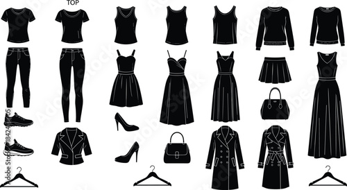 Vector Illustration Set of Women's Clothing Silhouettes for Fashion Design, Including Dresses, Tops, Bottoms, Outerwear, and Accessories, Perfect for Digital Mockups and Styling