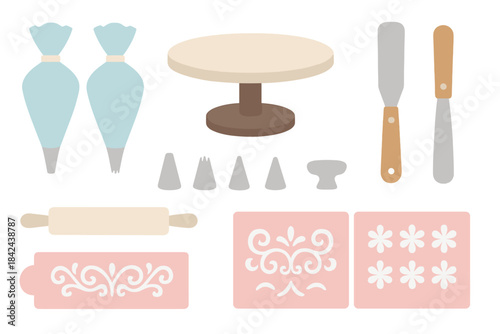 Baking tools and decorations arranged on a light background for cake decorating and pastry making at a kitchen workspace