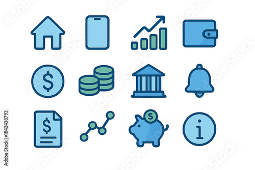 Financial icons representing budgeting, saving, and banking activities in a modern design for personal finance management