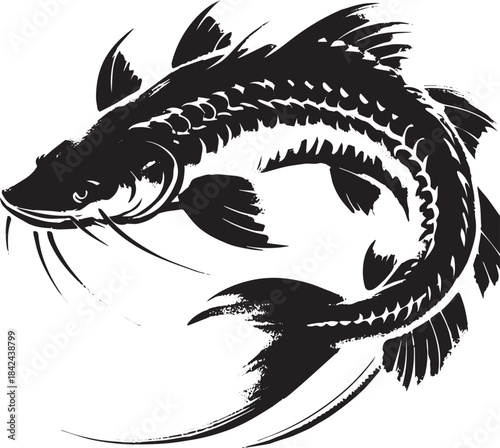 Elegant sturgeon rendered in minimalist sumi-e style, a captivat