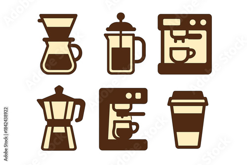 Various coffee brewing methods displayed in simple, modern design showcasing different brewing equipment and a takeaway cup