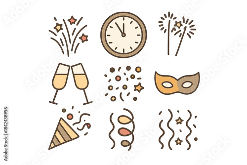 Colorful celebration symbols including fireworks, masks, drinks, and a clock for a festive time