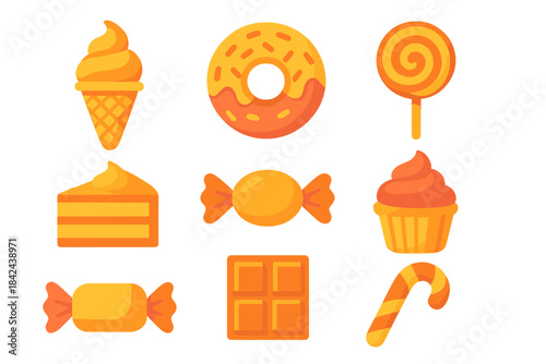 Colorful assortment of sweet treats including ice cream, donuts, and candies on a white background