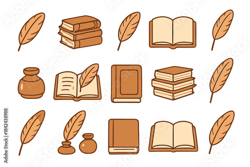 Stylized illustrations of books, quills, and ink pots arranged in a creative layout for educational or literary themes