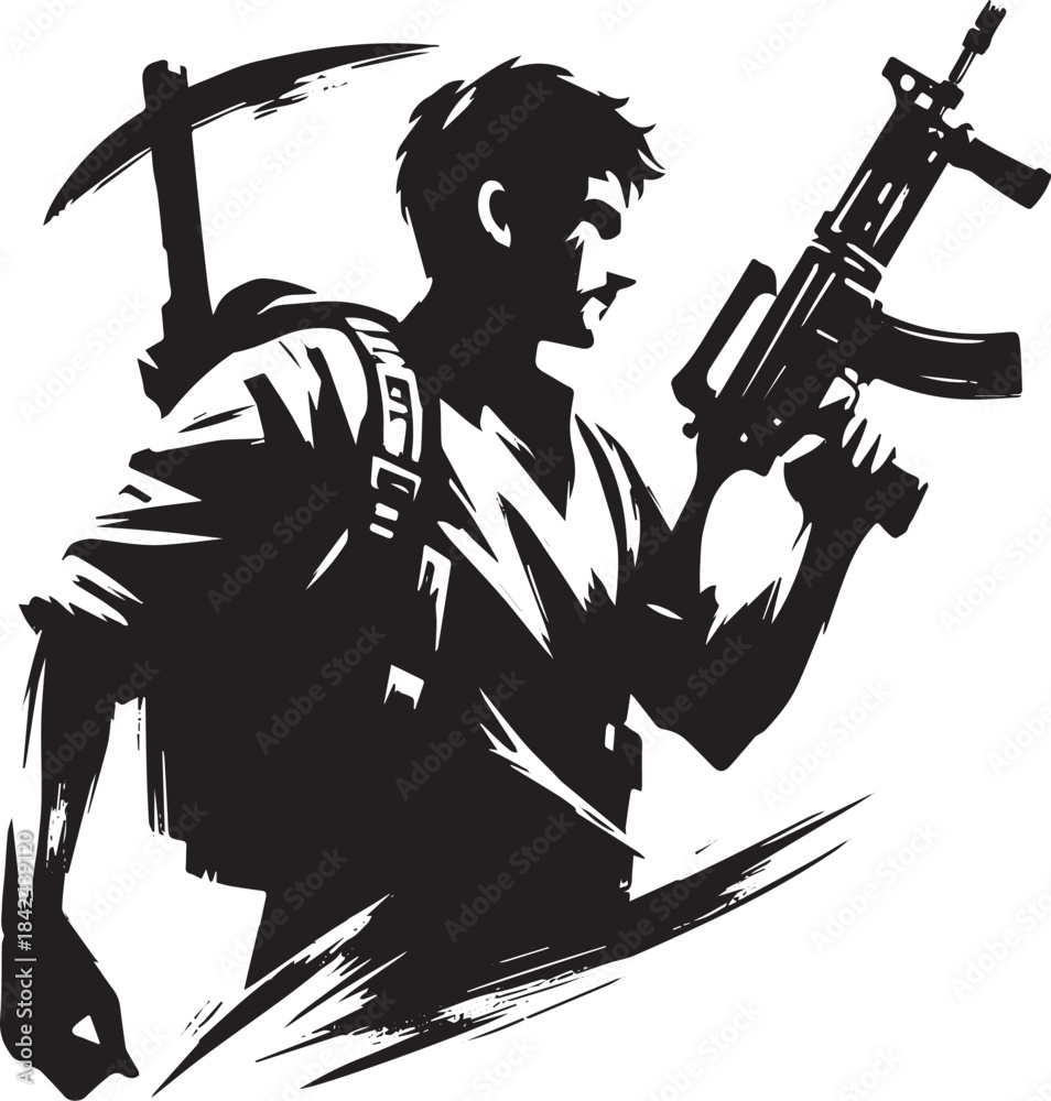Obraz premium Stylized monochromatic illustration of a man prepared for surviv