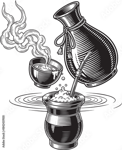 Engraved illustration of a Yerba Mate serving set with tradition