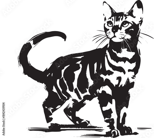 Elegant bengal cat in expressive brushstroke style on clean whit