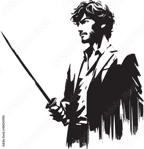 Monochrome illustration of a man holding a sword in a japanese s