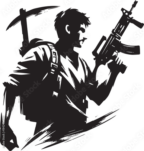 Stylized monochromatic illustration of a man prepared for surviv