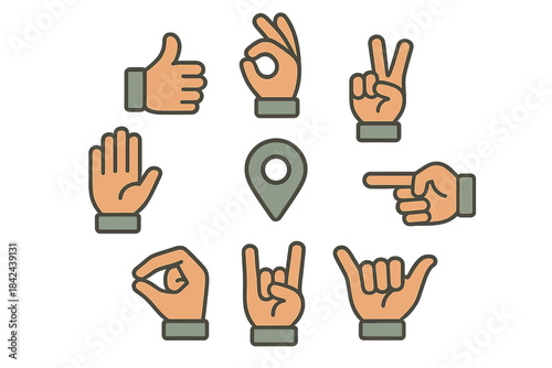 Various hand signs showing gestures and directions in a creative arrangement