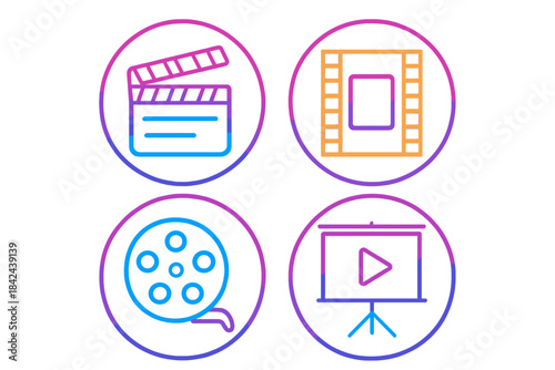 Creative icons representing film making and cinematic production elements in colorful design
