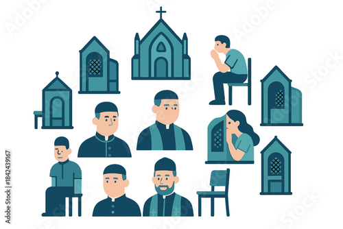 Various characters in a religious setting with confessionals and individuals in contemplation and prayer