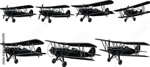 Vector Silhouette Set of Classic Vintage Biplanes and Old Propeller Aircraft, Side View, Representing Early Aviation, Historical Warplanes, and Retro Flight Technology Graphics