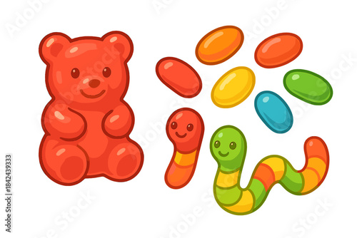 Colorful gummy candies and cheerful cartoon gummy bear in bright design for candy lovers