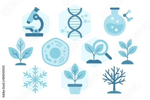 Various scientific symbols representing biology and environmental studies in blue color scheme