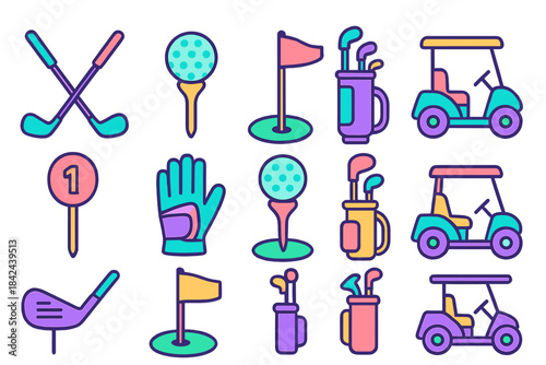 Colorful golf icons, equipment, and accessories in a fun, playful design showcasing golfing themes and activities