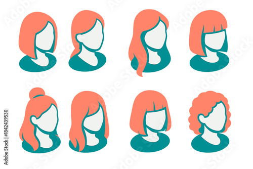 Different hairstyles illustrated with bold colors on a simple background showcasing variations in length and texture