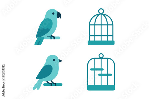 Colorful parakeets and their stylish cages in a vibrant design setting showcasing avian beauty