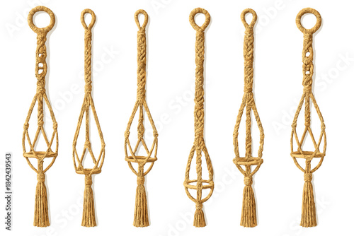 Decorative macrame plant hangers displayed in an organized manner on a light background