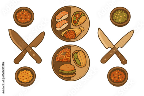 Colorful food spread featuring sushi, tacos, burgers, and small dishes with various toppings arranged on a table