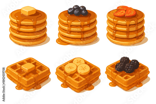 Delicious stacks of pancakes and waffles topped with fresh fruits and syrup at a morning breakfast setting