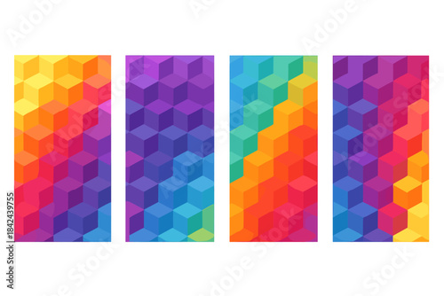 Colorful geometric pattern with 3D cubes displayed in a vibrant gradient at a modern art exhibit