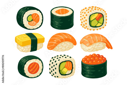 Colorful variety of sushi rolls displayed on a white background, showcasing different ingredients and styles