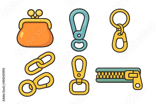 Collection of colorful zipper pulls, chain links, and a purse design showcasing various shapes and styles on a white background