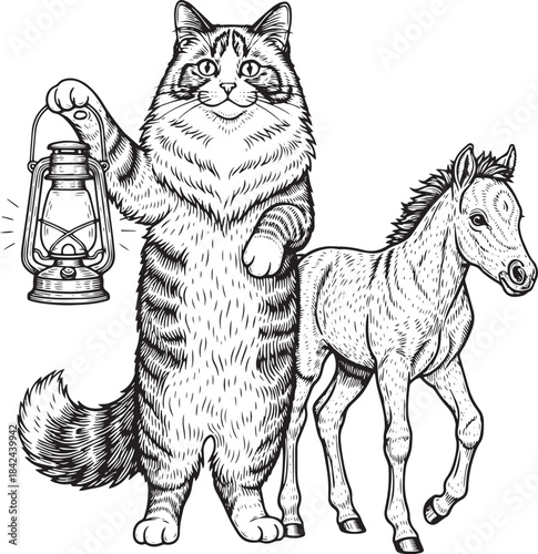 Engraved Illustration: Cat Guides Foal with Lantern in Etched Wo