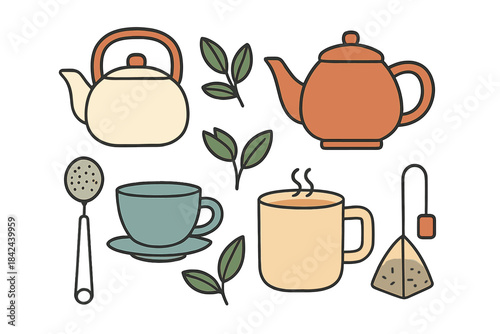 Teapots, cups, and tea leaves create a cozy atmosphere for a warm drink experience at home