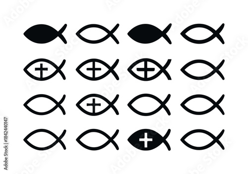 Ichthys Logo Variations. faith in Jesus. Icon set. Set Logo of f