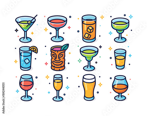 Colorful Cocktail Glass Icons. Cocktail glasses. Colorful isomet