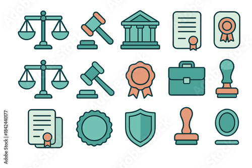 Icons representing legal concepts and symbols in a modern flat design for law and justice themes