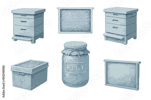 Honey production equipment including beehives and jars for harvesting honey