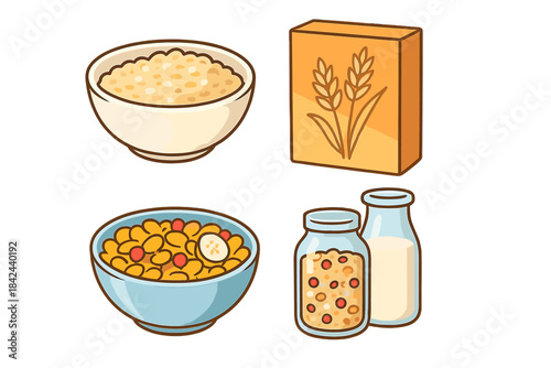 Breakfast ingredients including oats, cereal, and milk for a healthy morning meal preparation